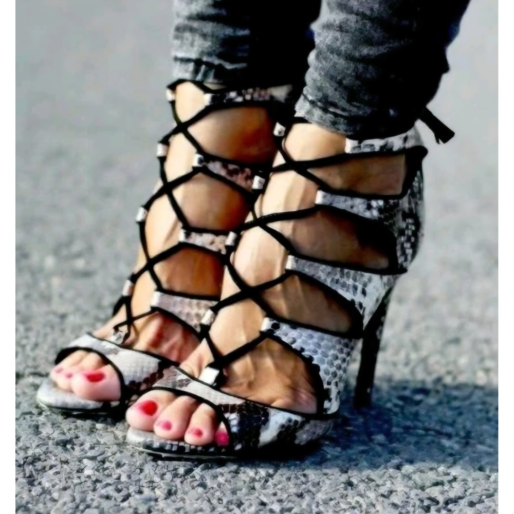 Zara Basic Snakeskin Print Lace Up Tassel Stiletto Heels Gladiator Sandals 37